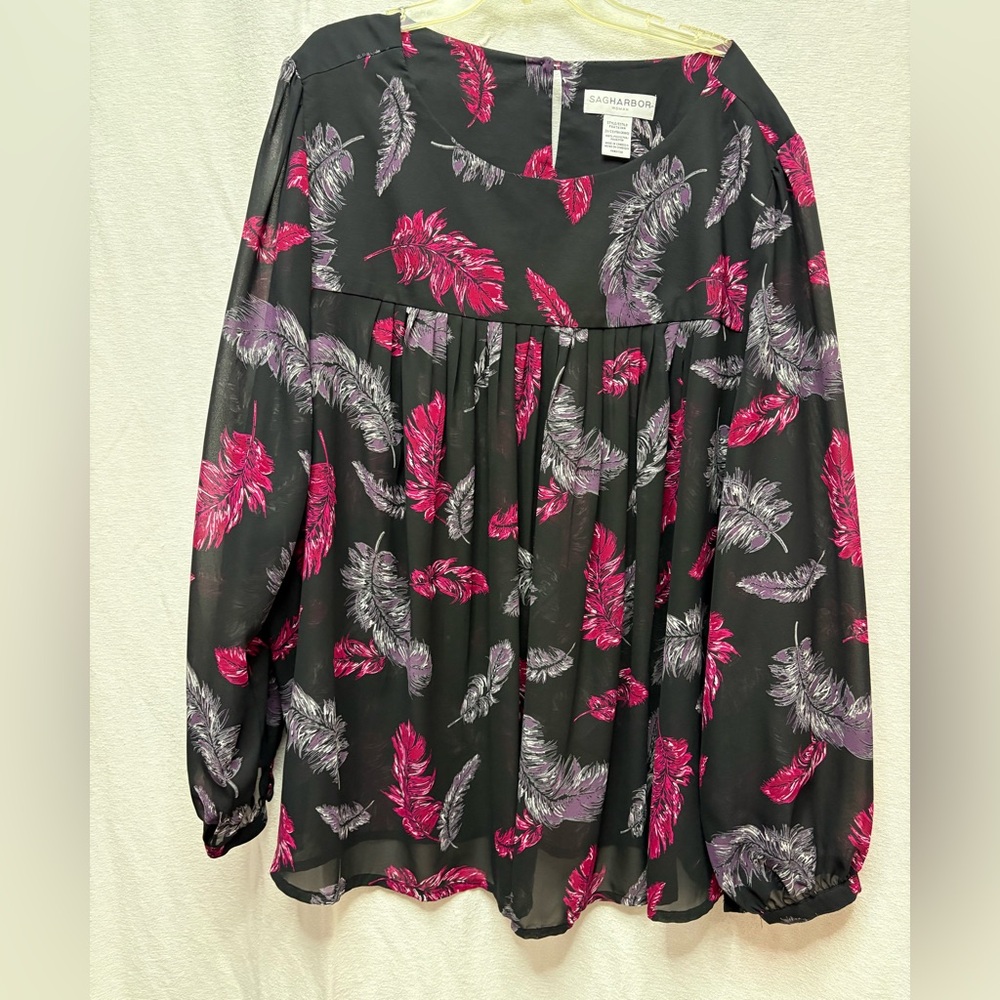Sag Harbor Black Blouse with Pink & Purple Feather Print
